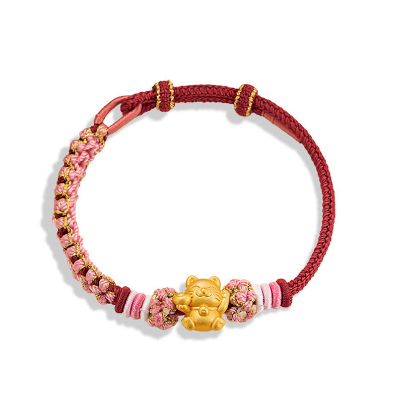 Handmade 999 Sterling Silver Fortune Cat Ingot Peach Blossom Luck Red Rope Bracelet