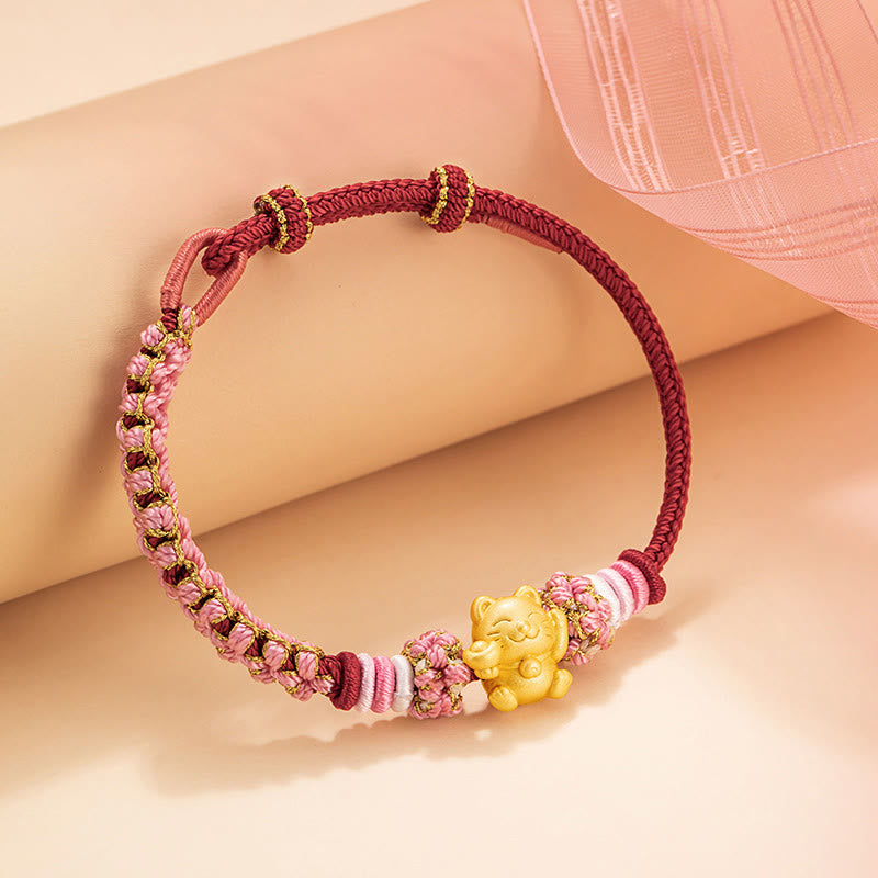 Handmade 999 Sterling Silver Fortune Cat Ingot Peach Blossom Luck Red Rope Bracelet