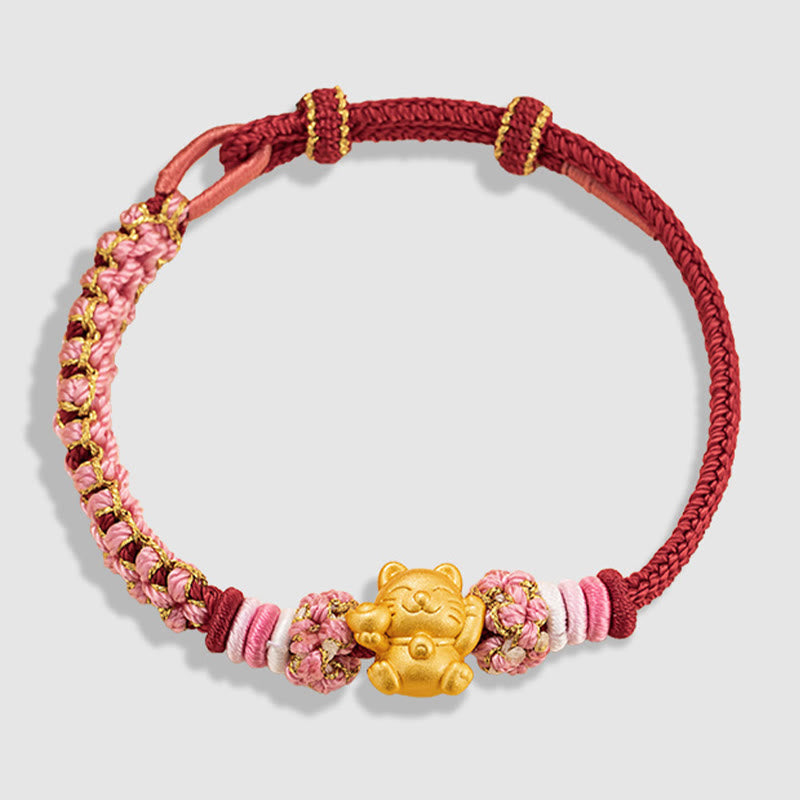 Handmade 999 Sterling Silver Fortune Cat Ingot Peach Blossom Luck Red Rope Bracelet