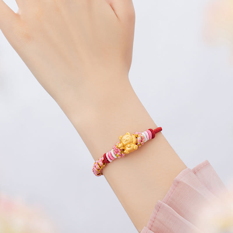 Handmade 999 Sterling Silver Fortune Cat Ingot Peach Blossom Luck Red Rope Bracelet