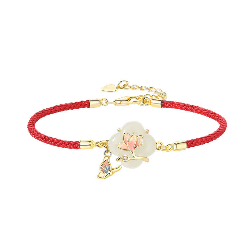 Hetian Jade Magnolia & Butterfly Sterling Silver Red String Bracelet