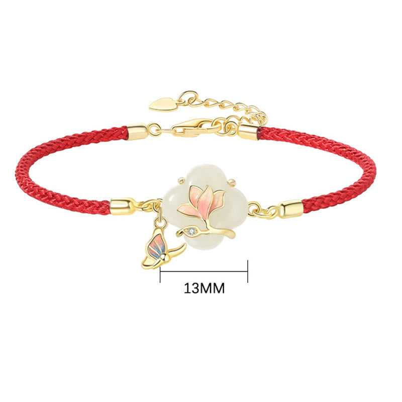 Hetian Jade Magnolia & Butterfly Sterling Silver Red String Bracelet