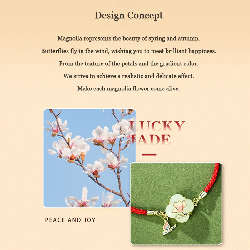 Hetian Jade Magnolia & Butterfly Sterling Silver Red String Bracelet