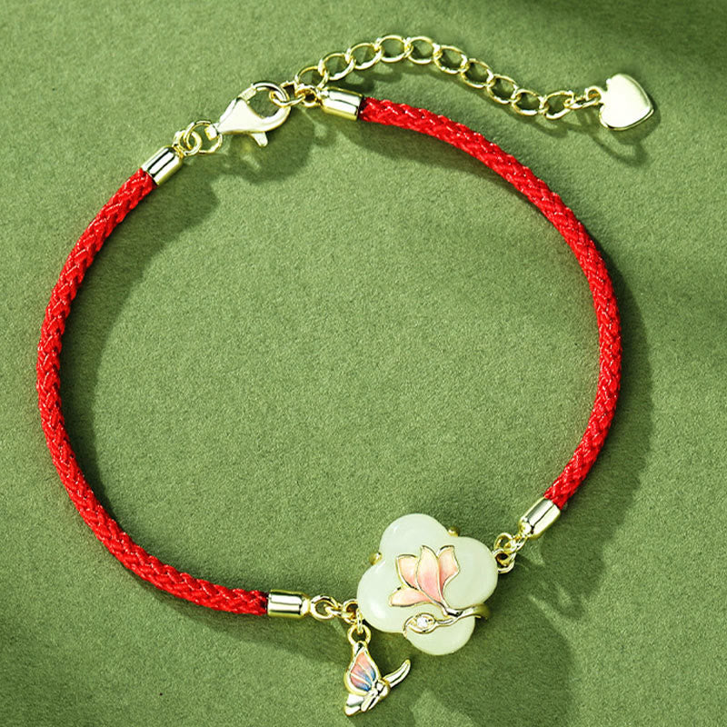 Hetian Jade Magnolia & Butterfly Sterling Silver Red String Bracelet