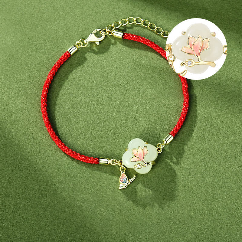 Hetian Jade Magnolia & Butterfly Sterling Silver Red String Bracelet