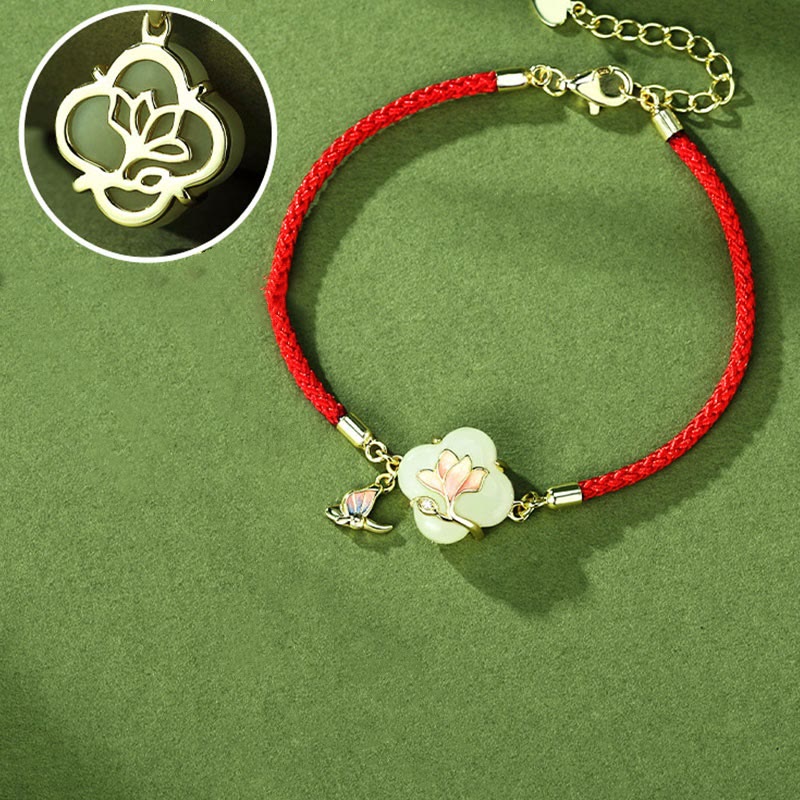 Hetian Jade Magnolia & Butterfly Sterling Silver Red String Bracelet