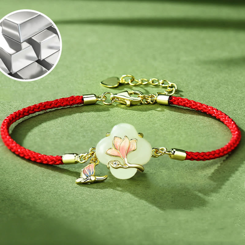 Hetian Jade Magnolia & Butterfly Sterling Silver Red String Bracelet