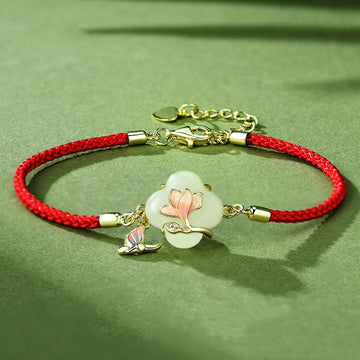 Hetian Jade Magnolia & Butterfly Sterling Silver Red String Bracelet