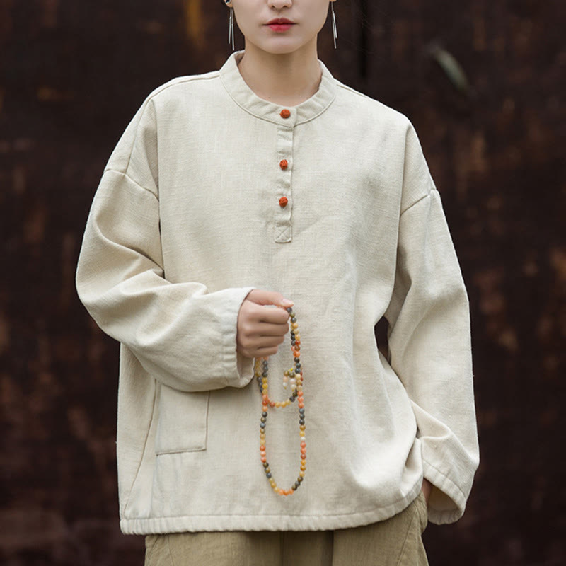 Ramie Linen Stand Collar Thermal Meditation Shirt