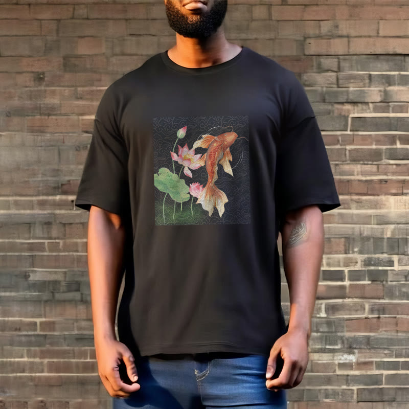 Koi Fish Lotus Combination Cotton Tee T-shirt