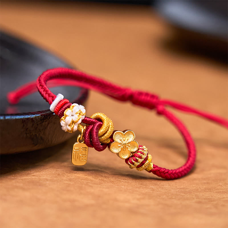 Hand-Woven Red String Gold Copper Peach Blossom Adjustable Bracelet