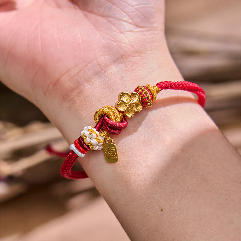 Hand-Woven Red String Gold Copper Peach Blossom Adjustable Bracelet