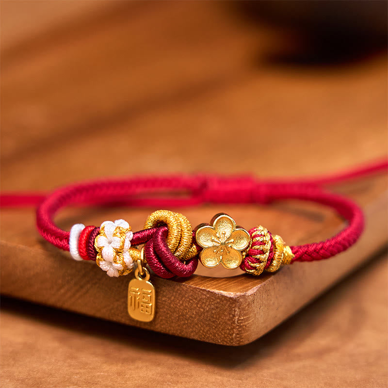 Hand-Woven Red String Gold Copper Peach Blossom Adjustable Bracelet