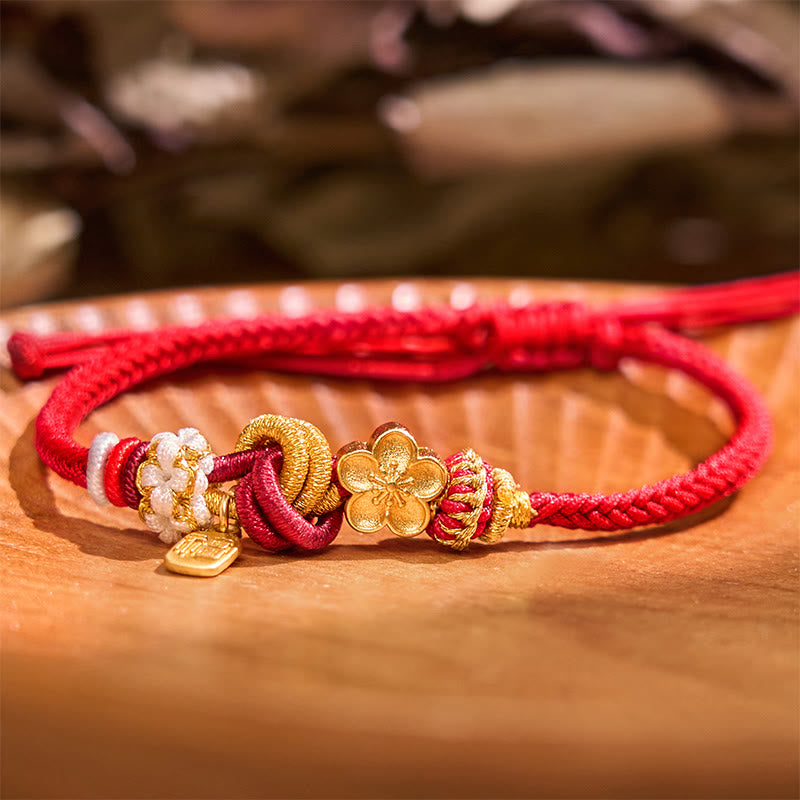 Hand-Woven Red String Gold Copper Peach Blossom Adjustable Bracelet