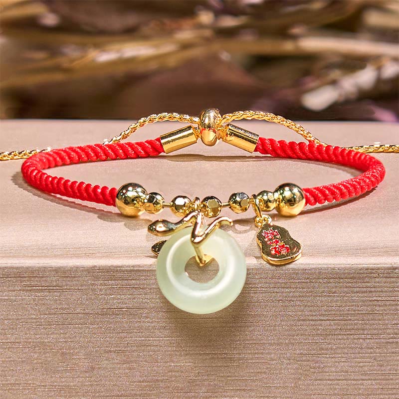 Copper Plated Gold Jade Peace Buckle Fu Character Year Of The Snake Red String Luck Bracelet