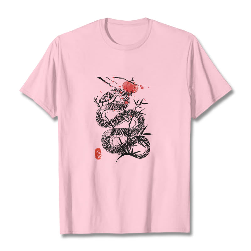 Lantern Bamboo Leaves Snake Design Cotton Tee T-shirt