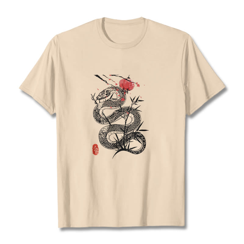 Lantern Bamboo Leaves Snake Design Cotton Tee T-shirt