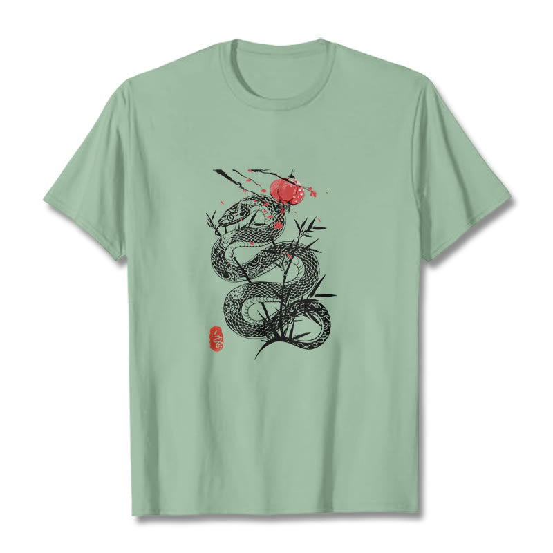 Lantern Bamboo Leaves Snake Design Cotton Tee T-shirt