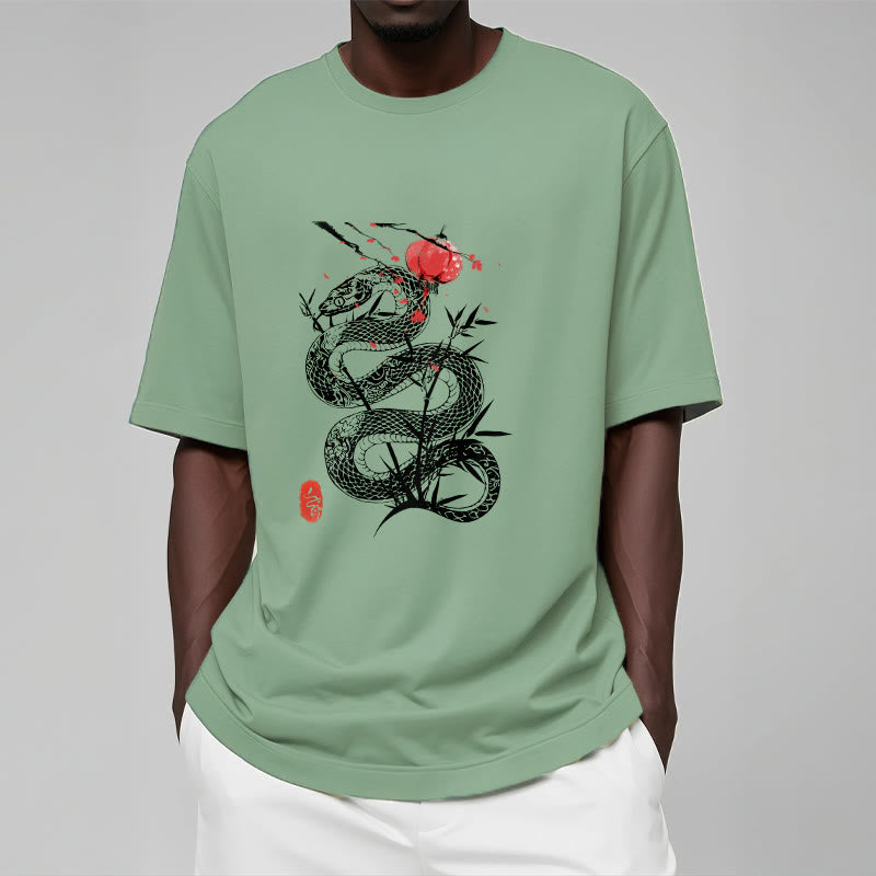 Lantern Bamboo Leaves Snake Design Cotton Tee T-shirt