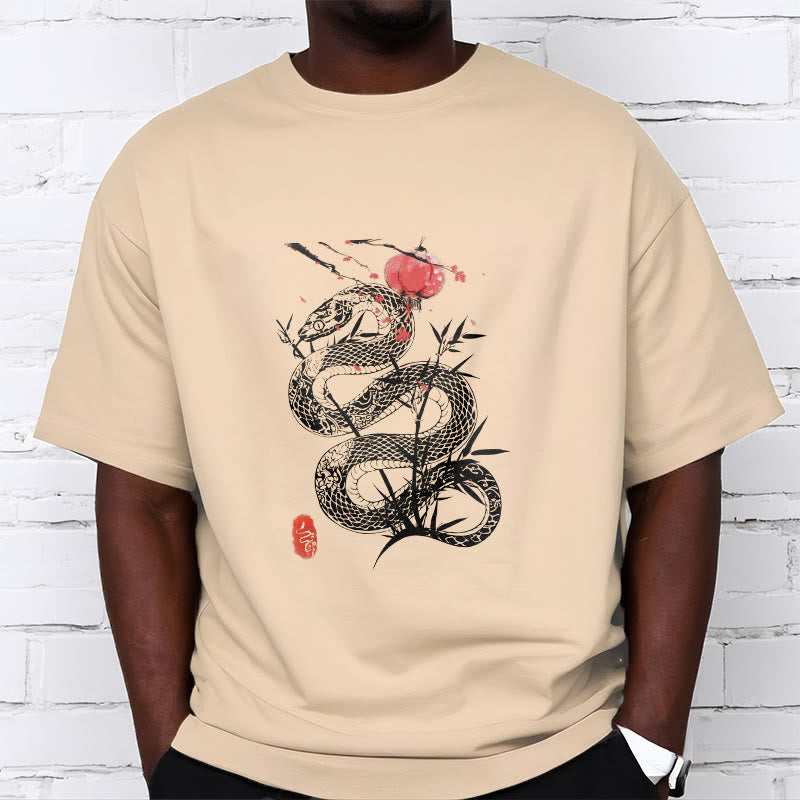 Lantern Bamboo Leaves Snake Design Cotton Tee T-shirt