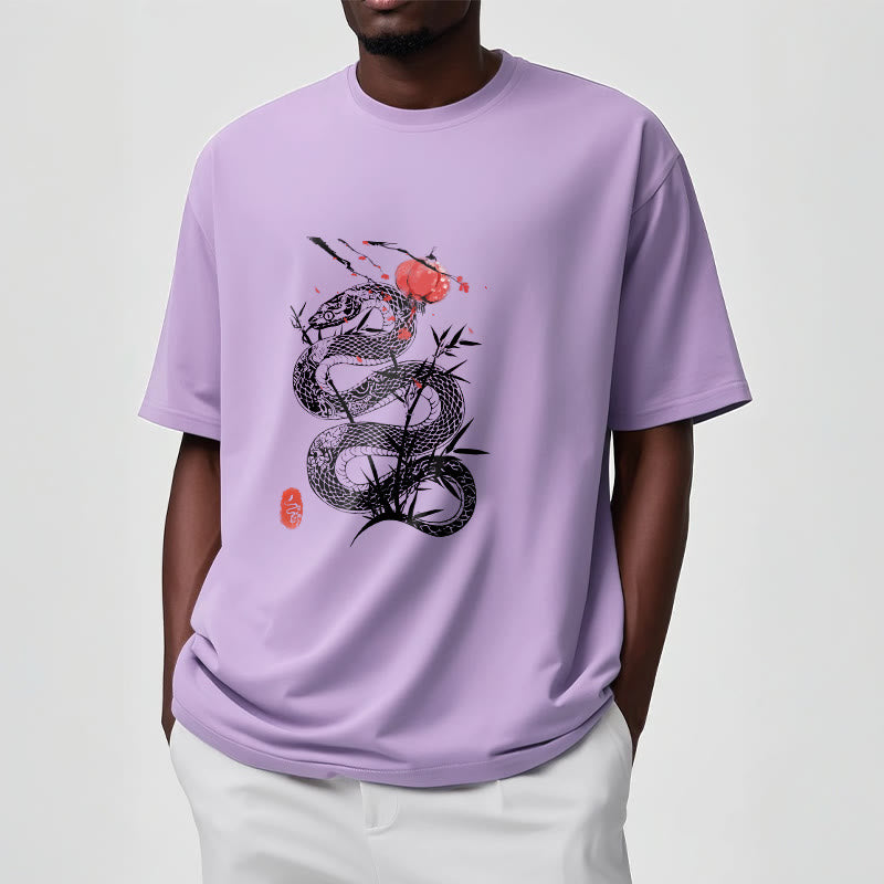 Lantern Bamboo Leaves Snake Design Cotton Tee T-shirt