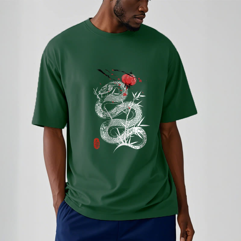 Lantern Bamboo Leaves Snake Design Cotton Tee T-shirt