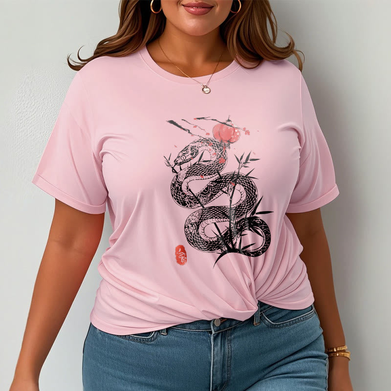 Lantern Bamboo Leaves Snake Design Cotton Tee T-shirt