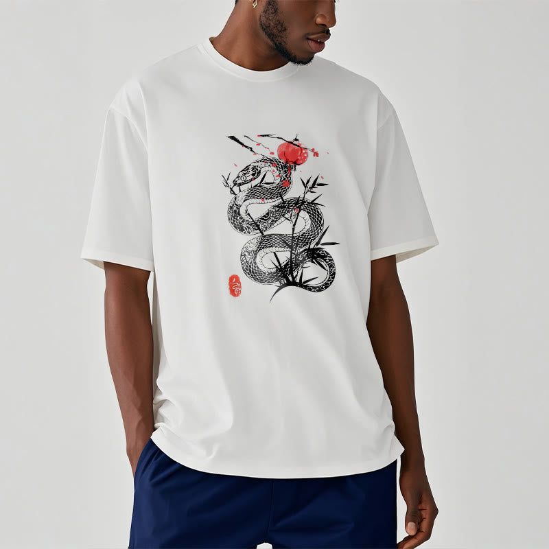 Lantern Bamboo Leaves Snake Design Cotton Tee T-shirt