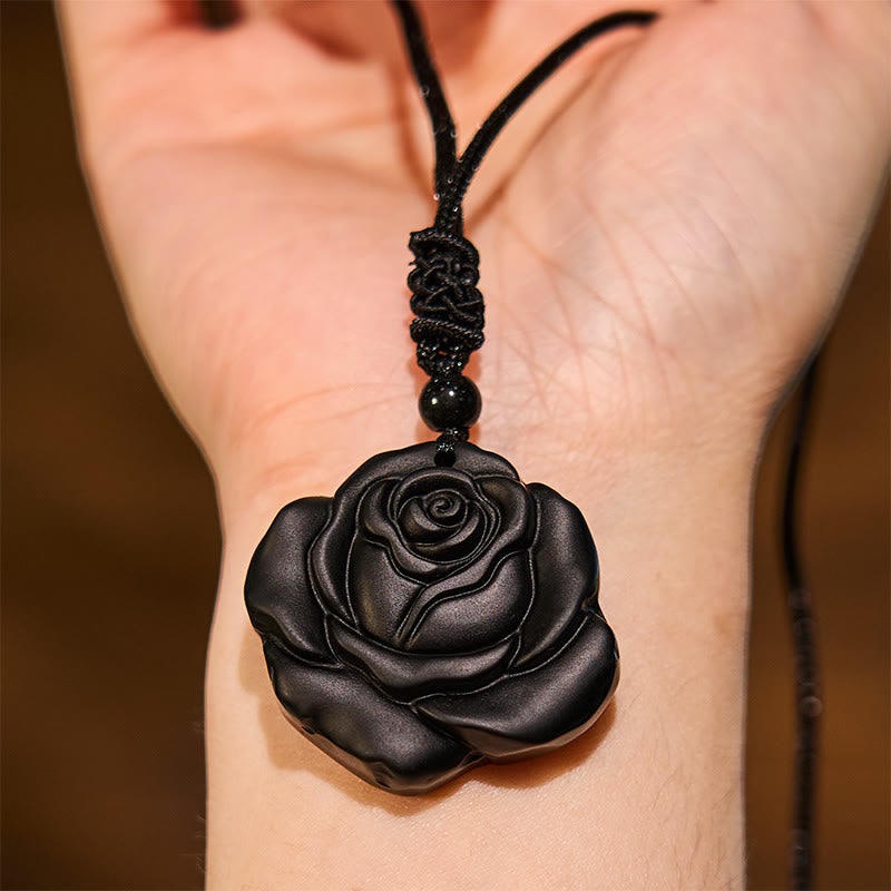 Black Obsidian String Black Rose Purification Necklace Pendant