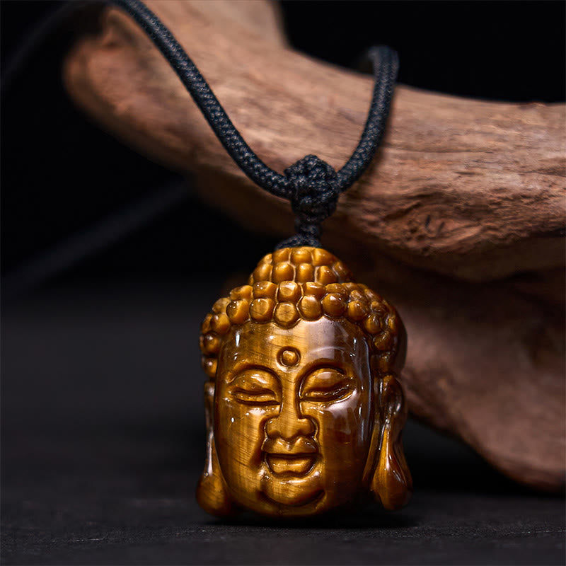 Tiger Eye String Buddha Head Courage Necklace Pendant