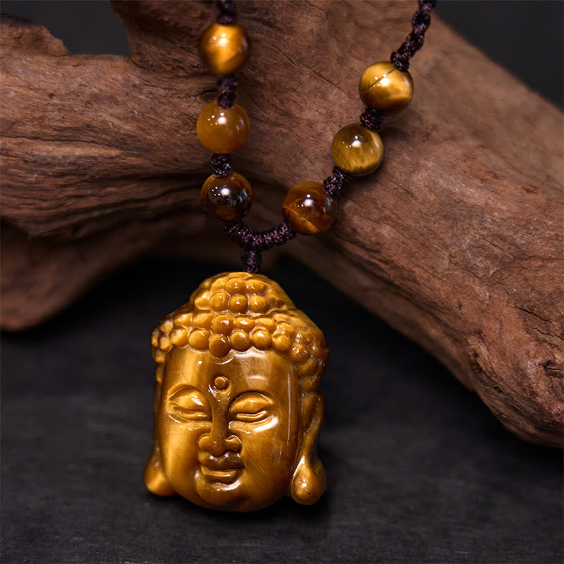 Tiger Eye String Buddha Head Courage Necklace Pendant