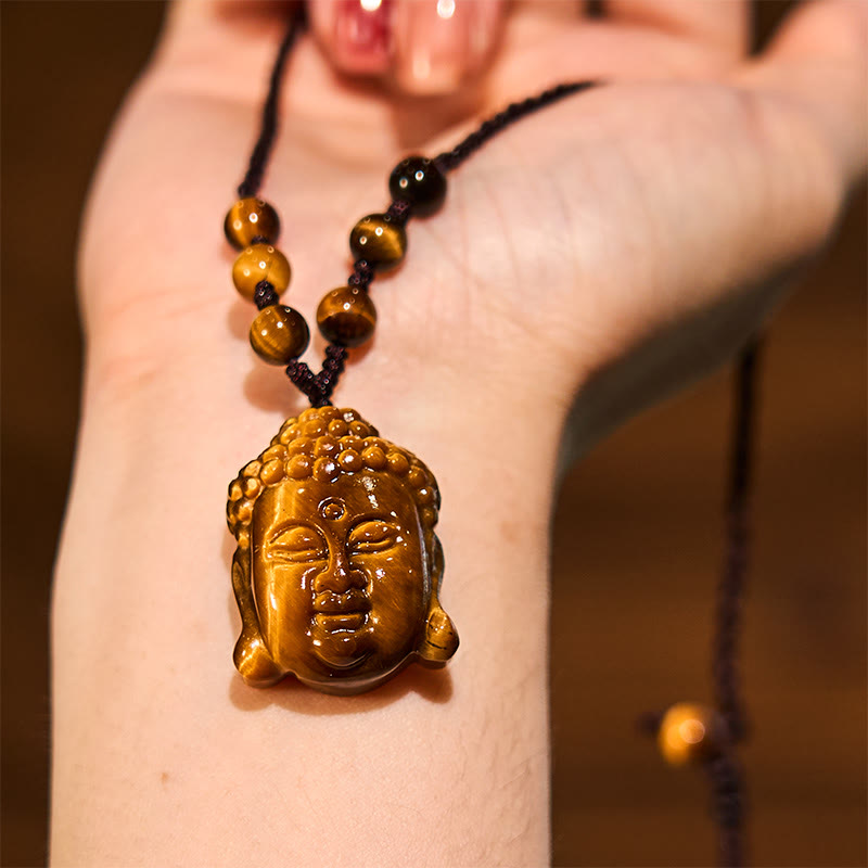 Tiger Eye String Buddha Head Courage Necklace Pendant