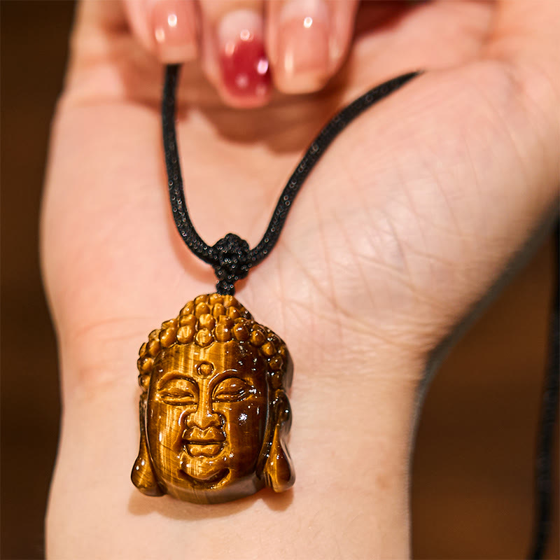 Tiger Eye String Buddha Head Courage Necklace Pendant