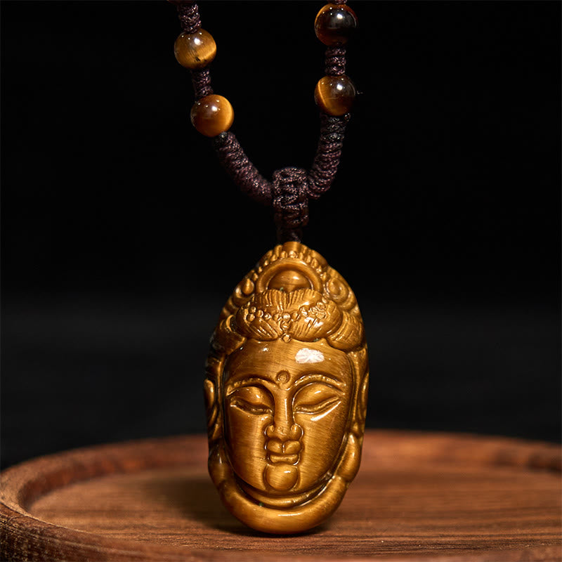 Tiger Eye Kwan Yin Avalokitesvara Head String Strength Necklace Pendant