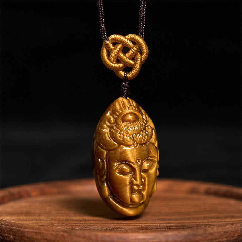 Tiger Eye Kwan Yin Avalokitesvara Head String Strength Necklace Pendant
