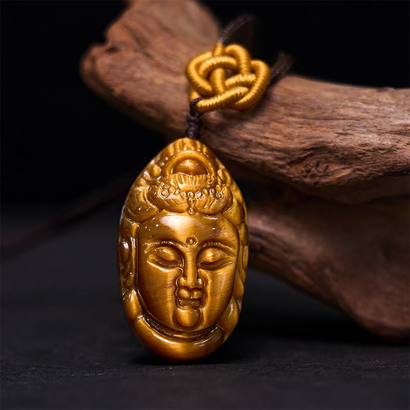 Tiger Eye Kwan Yin Avalokitesvara Head String Strength Necklace Pendant