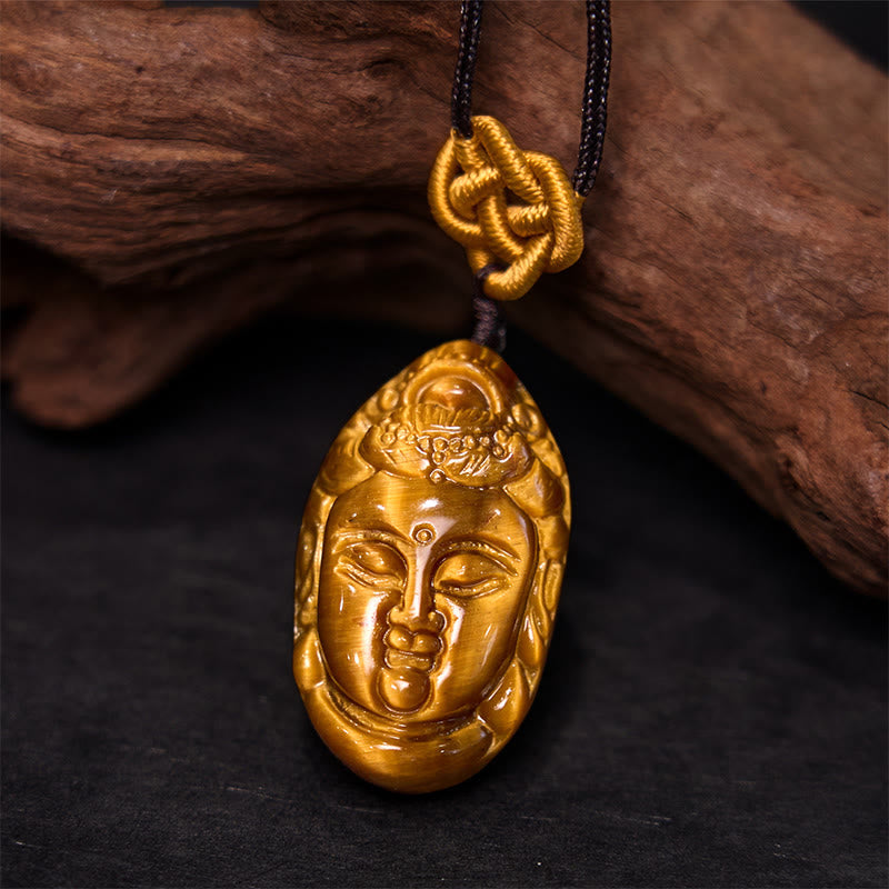 Tiger Eye Kwan Yin Avalokitesvara Head String Strength Necklace Pendant