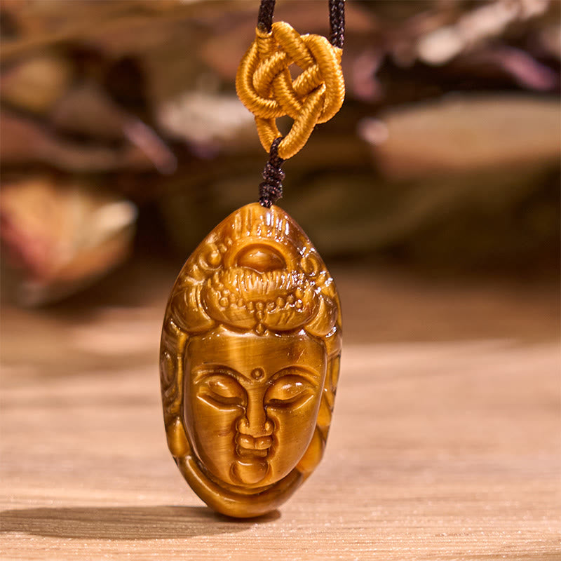 Tiger Eye Kwan Yin Avalokitesvara Head String Strength Necklace Pendant