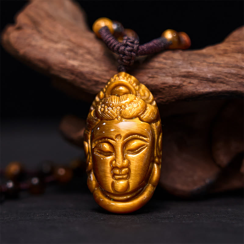 Tiger Eye Kwan Yin Avalokitesvara Head String Strength Necklace Pendant