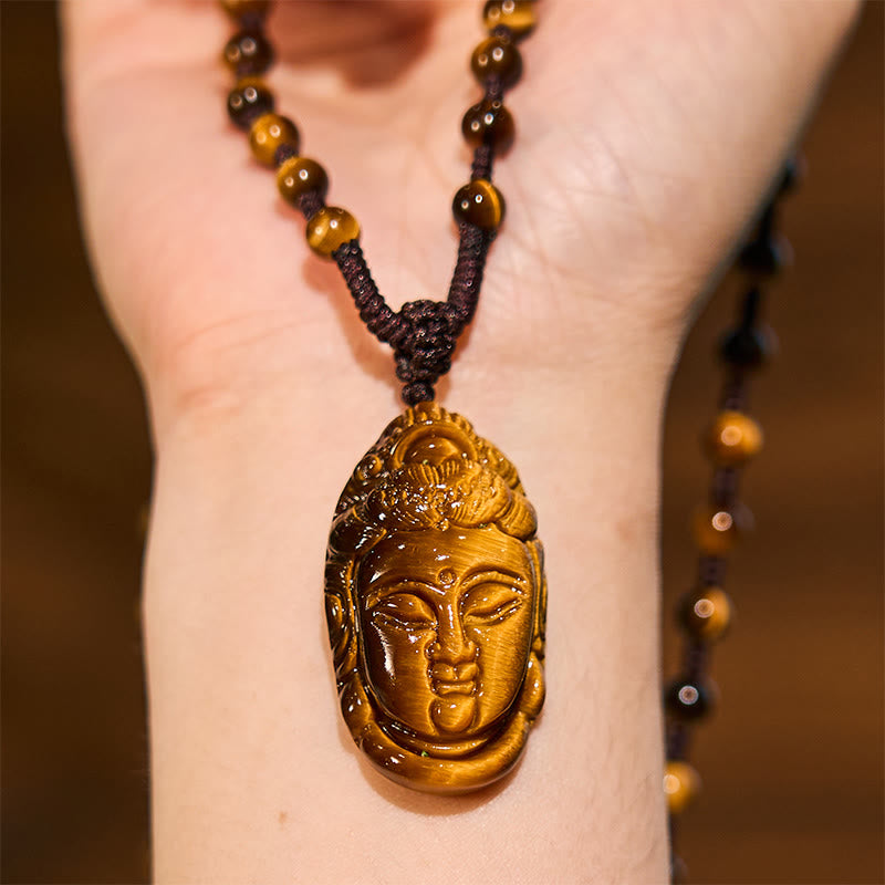 Tiger Eye Kwan Yin Avalokitesvara Head String Strength Necklace Pendant