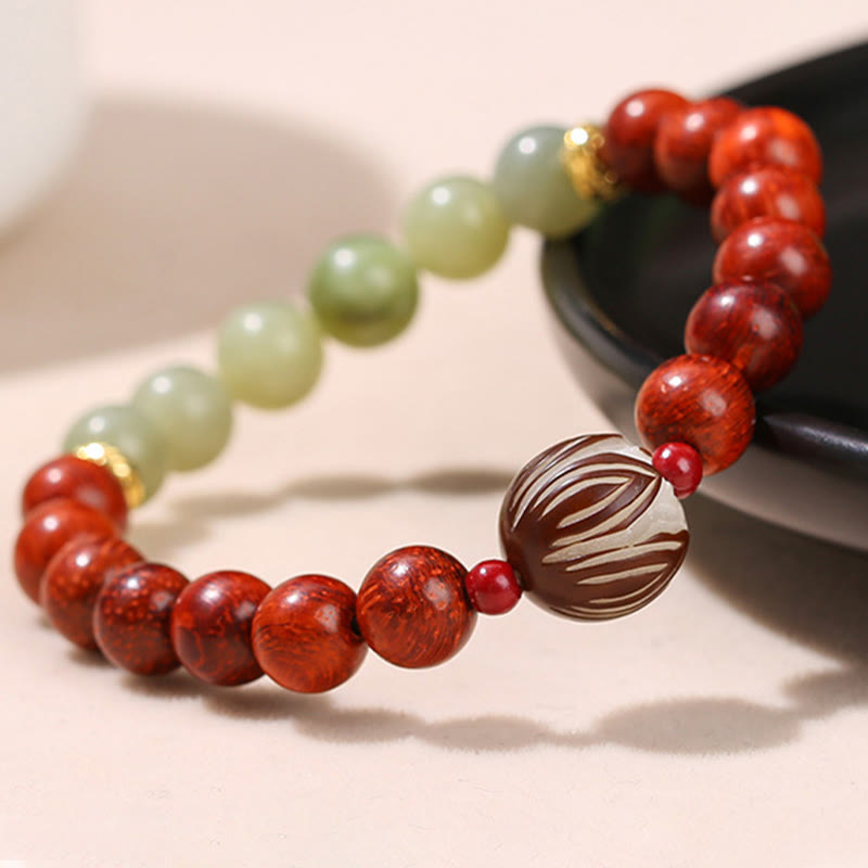 Natural Rosewood Cyan Jade Bodhi Seed Lotus Warmth Calm Bracelet