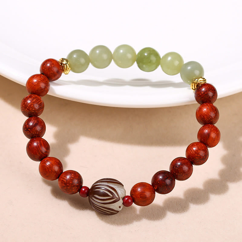 Natural Rosewood Cyan Jade Bodhi Seed Lotus Warmth Calm Bracelet