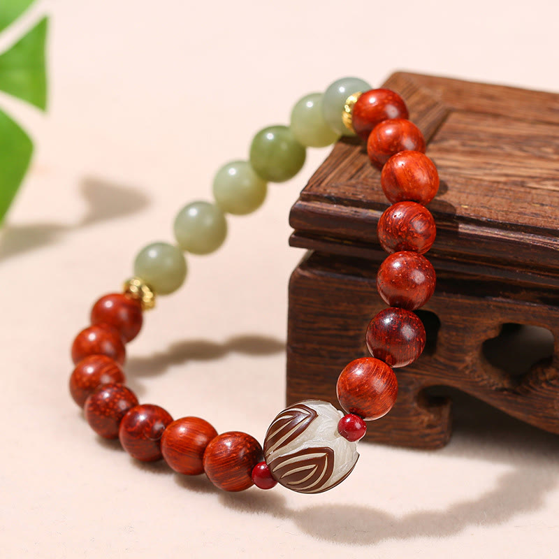 Natural Rosewood Cyan Jade Bodhi Seed Lotus Warmth Calm Bracelet