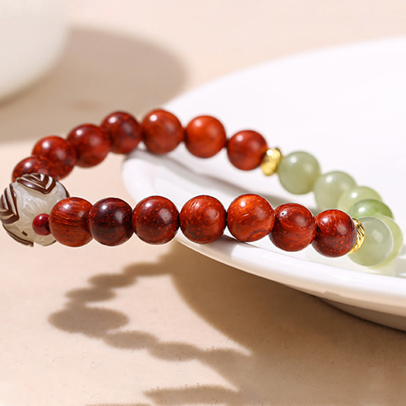 Natural Rosewood Cyan Jade Bodhi Seed Lotus Warmth Calm Bracelet