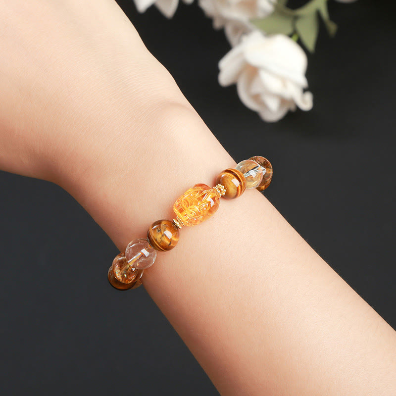 Natural Yellow Tiger Eye Citrine Beeswax Pixiu Strength Bracelet