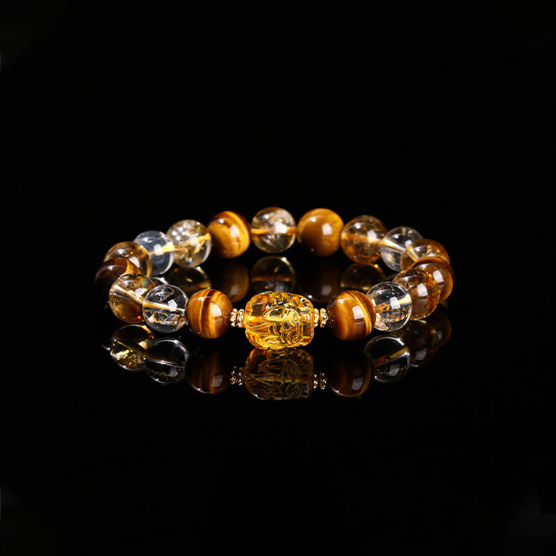 Natural Yellow Tiger Eye Citrine Beeswax Pixiu Strength Bracelet
