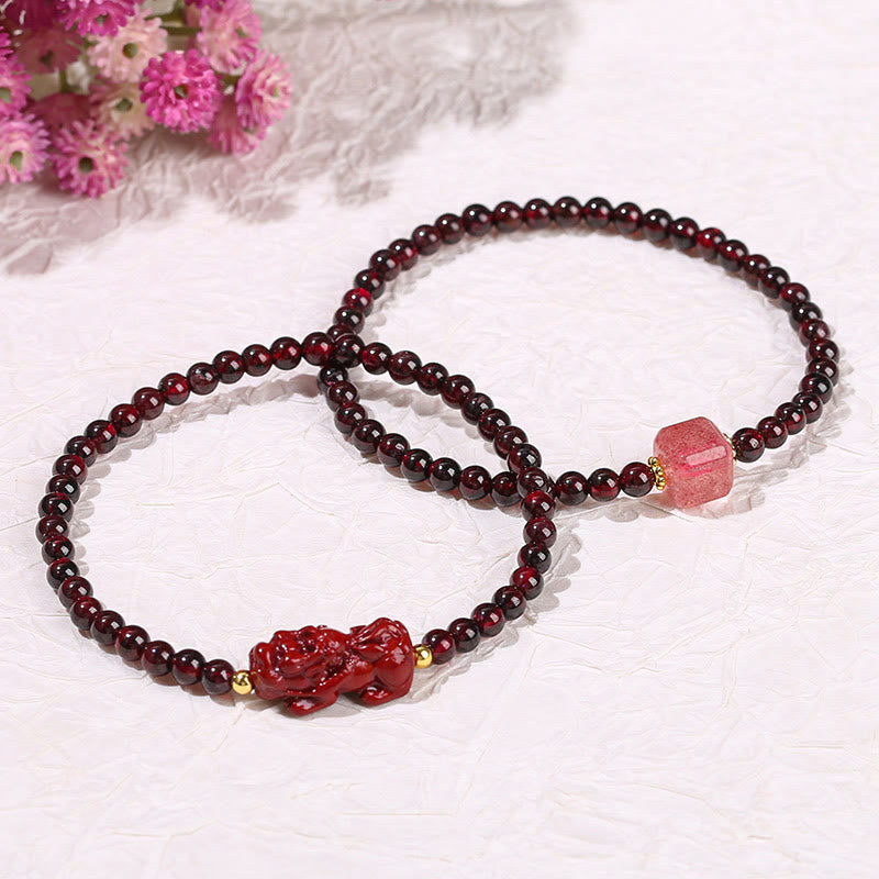 Garnet Cinnabar PiXiu Strawberry Quartz Square Bead Protection Bracelet