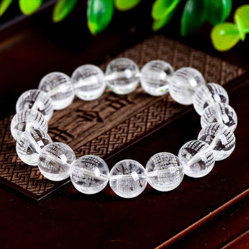 Heart Sutra Engraved Natural Clear Quartz Beaded Bracelet