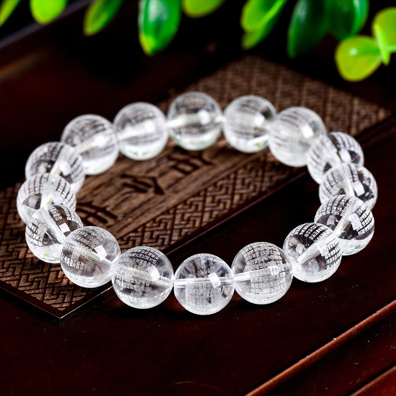 Heart Sutra Engraved Natural Clear Quartz Beaded Bracelet