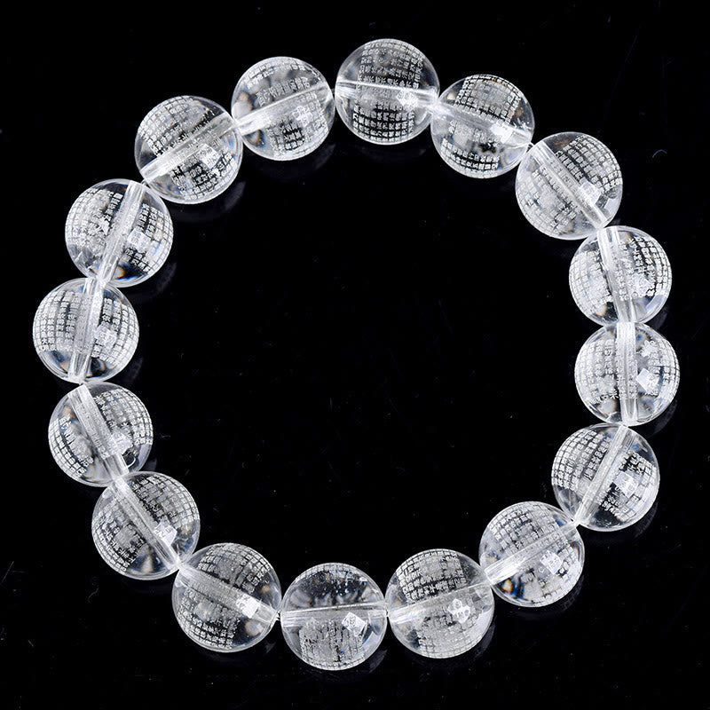 Heart Sutra Engraved Natural Clear Quartz Beaded Bracelet